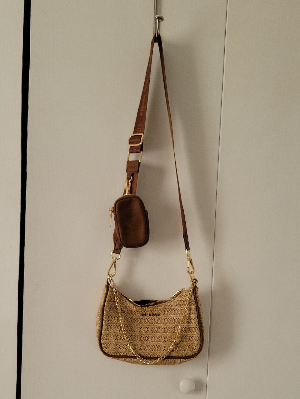 Steve Madden Brown Woven Mini Crossbody with Gold Chain